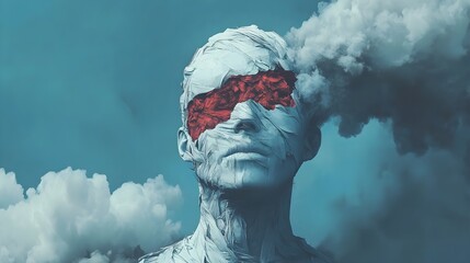 An image of an abstract digital surreal man with a smoking head symbolizing overload, error, overexertion