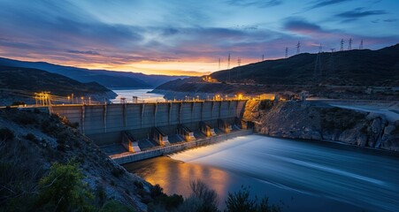 Large dam with a body of water behind it. The water is calm and the sky is orange and pink