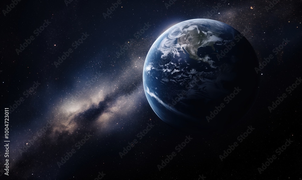 Poster large planet is floating in space with a milky way in the background. the planet is surrounded by a 