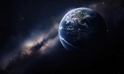 Naklejka premium Large planet is floating in space with a milky way in the background. The planet is surrounded by a lot of stars and the milky way is also filled with stars. Concept of vastness and emptiness