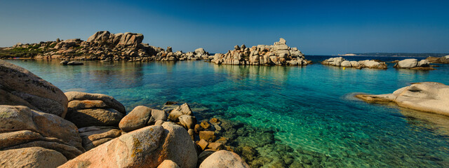 Naklejka premium Panorama view of on spectular beach with natural granite stone - lavezzi island near Bonifacio, Corsica