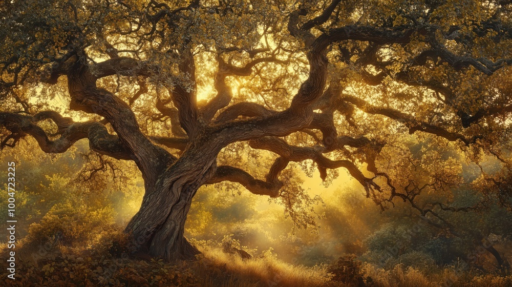 Poster large tree with a lot of branches and leaves. the tree is in the middle of a field and the sun is sh