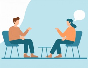 Fototapeta premium Two individuals engage in dialogue while seated in chairs with a small table in the middle