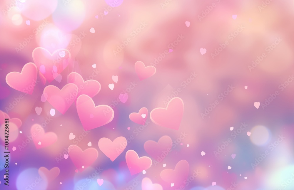 Poster pink background with many hearts scattered around it. the hearts are of different sizes and are plac