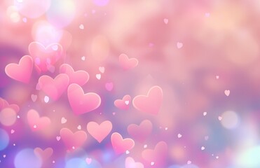 Pink background with many hearts scattered around it. The hearts are of different sizes and are placed in various positions. Scene is one of love and affection