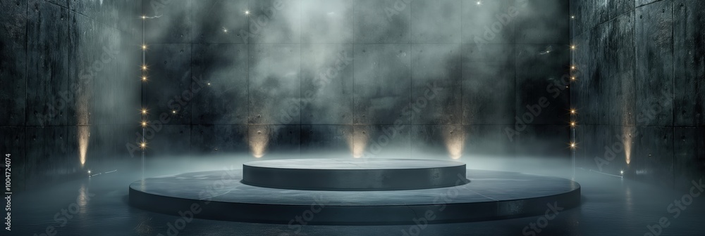 Poster stage with a foggy atmosphere and a spotlight on it. the stage is empty and the lighting is dim