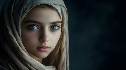Naklejka premium A young Middle Eastern girl with blue eyes wearing a hijab