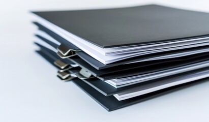 Stack of papers with a metal clip on top. The papers are black and white. The stack is piled on top of each other