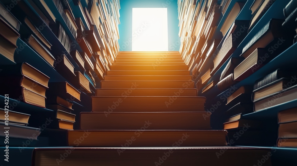 Poster staircase of books with a light shining through the top of the books. the light is shining on the bo
