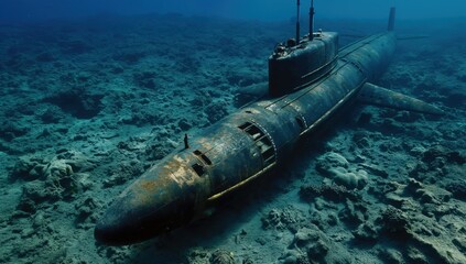 Submarine is laying on the ocean floor. The submarine is old and rusted. The ocean is calm and blue
