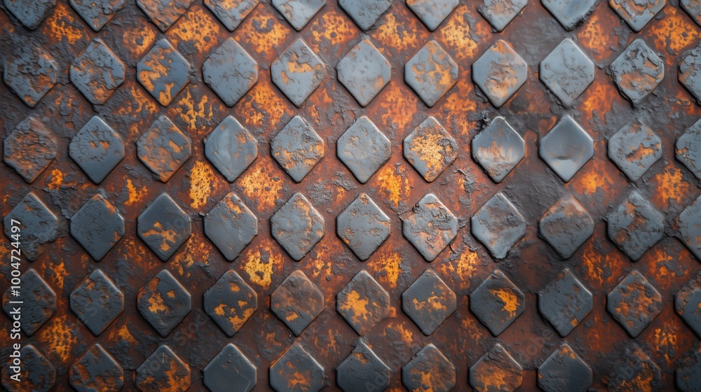 Poster the image is of a rusted metal surface with a pattern of squares. the surface is old and worn, givin
