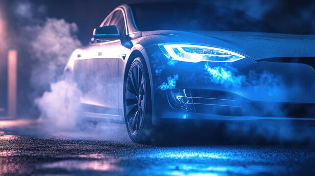 Futuristic Electric Car in Misty Night with Blue Neon Lights and Smoky Background