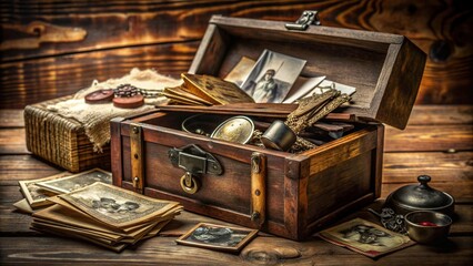 Vintage wooden chest overflowing with antique family heirlooms, including worn letters, faded photographs, and intricately carved silverware, evoking a sense of nostalgia and heritage.