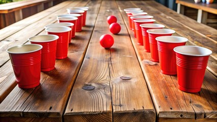 Classic red solo cups and beer pong table scattered with Ping-Pong balls and empty beer cans on a worn wooden fraternity house table.