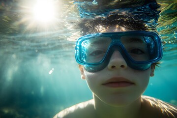 Fototapeta premium young boy snorkeling in clear blue water