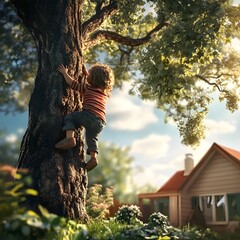 Fototapeta premium A child joyfully climbs a tree in a sunlit garden, with a cozy house in the background, capturing the essence of childhood adventure.