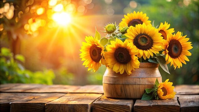 A vibrant sunflower bouquet arranged in a rustic wooden vase on a weathered wooden table against a blurred natural background with warm sunlight filtering in.