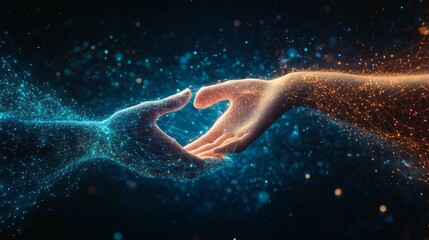 Two hands reaching out, surrounded by a glowing, digital-like aura representing connection.