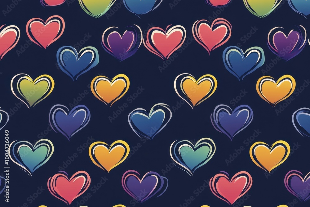 Poster a pattern of rainbow-colored hearts on a navy blue background each shape is outlined by thin white l