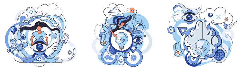 Abstract thinking. Three abstract representations of the human mind with various conceptual elements like gears hands and eyes in a predominantly blue and white palette Ideal for psychology