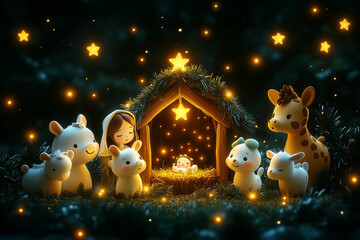 Christmas scene with Mary, Joseph and Jesus born