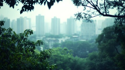 Lush green foliage framing a modern city skyline