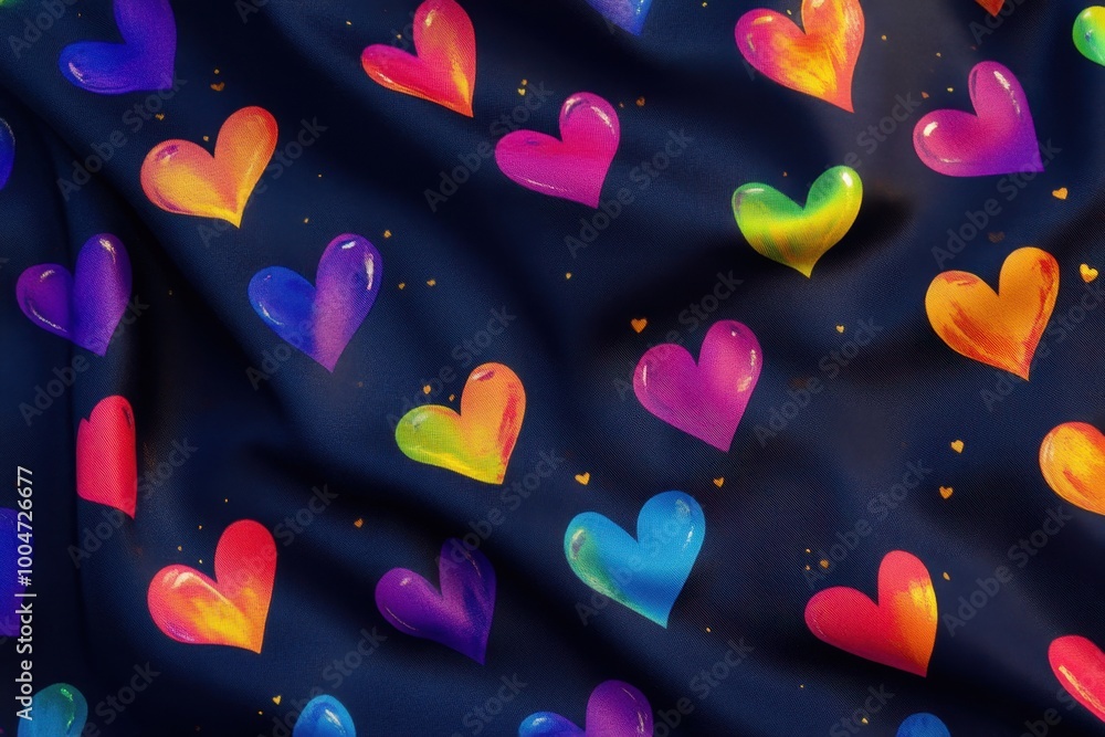 Poster a pattern of rainbow-colored hearts, arranged in an intricate design on navy blue fabric the heart s