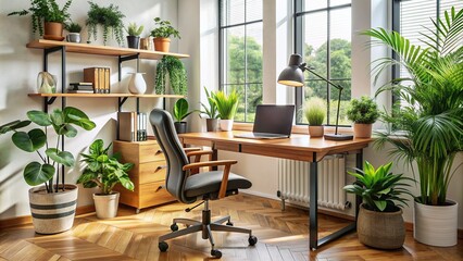 Modern home office setup with wooden desk, ergonomic chair, and organized workspace, surrounded by plants, notebooks, and a laptop, conveying comfort and productivity.