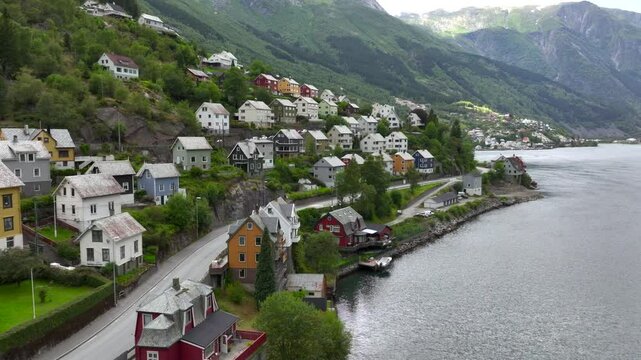 Beautiful Traditional Norwegian Colorful Houses in Odda Village at Hardanger Fjord in Vestland, Norway, Scandinavia.