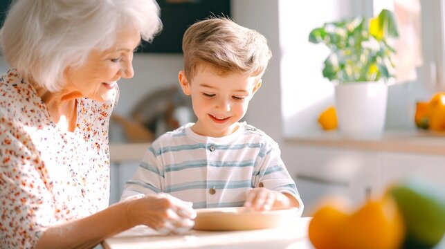 A joyful scene of a white-haired grandmother and her grandson baking together in a bright kitchen.