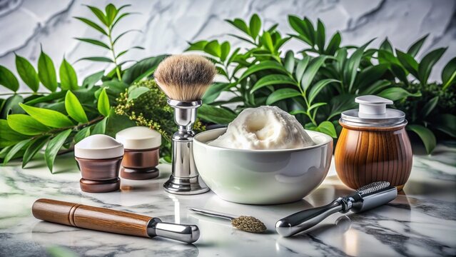 A luxurious shaving kit lies on a marble countertop, featuring a sleek razor, shaving cream, and aftershave, surrounded by lush greenery and soft lighting.