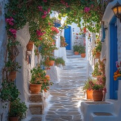 Picturesque Oia, Santorini with Iconic White and Blue Domes, Aegean Sea View – Scenic Summer Day Photo of Cycladic Architecture, Cozy Cafes, and Mediterranean Charm