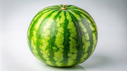 Fresh green whole watermelon with slight yellow spot on white background, studio lighting highlighting juicy sweet texture and natural patterns of the fruit.