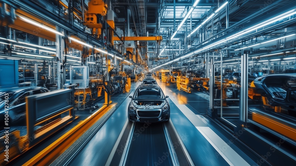 Poster a modern automotive assembly line featuring multiple vehicles in production at a high-tech factory d