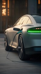 Electric vehicle charging plug with green light indicator, AI generated