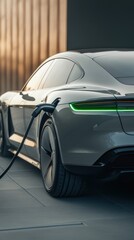 Electric vehicle charging plug with green light indicator, AI generated