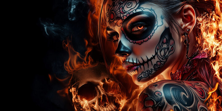 Festa dei morti. Ragazza con trucco per la festa dei morti avvolta dalle fiamme.