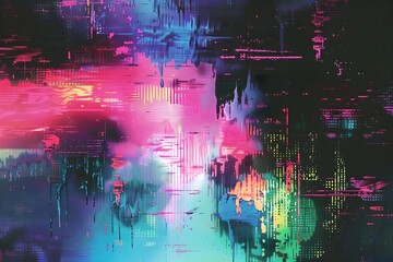 Vibrant Neon Electric Pink , Green and Blue Glitch Art Background with Pixelated Lines and Distortion for Modern Digital Design