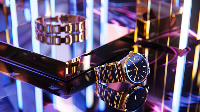 Sleek Cyber Week Promotional Image Showcasing Luxury Wristwatches and Jewelry with Neon Light Accents