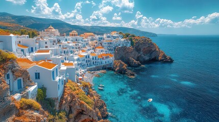 Aerial View of Charming Greek Village Chora on Hill – Panoramic Photo of Whitewashed Cycladic Architecture, Aegean Sea and Rocky Mediterranean Landscape Under Bright Summer Sky