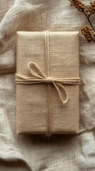 Rustic Gift Box Wrapped in Natural Burlap on Textured Fabric with Dry Flowers