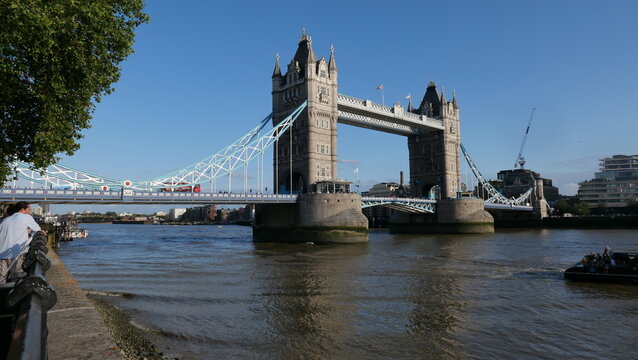 View of Tower Bridge in London, spanning the River Thames. Showcasing the iconic bridge's stunning Gothic architecture and its prominent role in the city's skyline