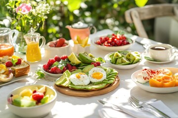 A beautiful brunch spread features avocado toast topped with poached eggs, fresh fruit, and specialty coffee, all bathed in warm sunlight for a cozy ambiance