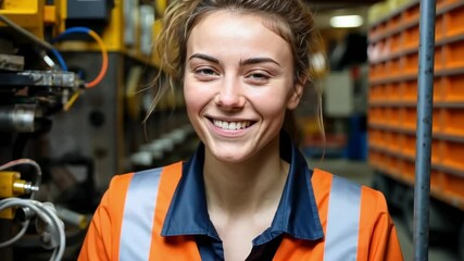 Female factory worker smiling in industrial setting, wearing high visibility safety vest. background shows industrial equipment and storage units, evoking sense of professionalism and efficiency. - Powered by Adobe