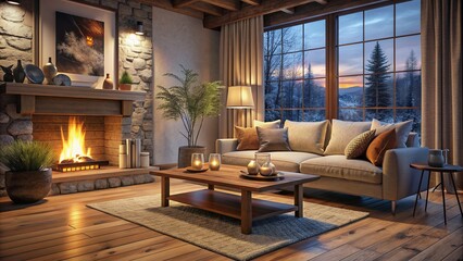 Fototapeta premium Cozy modern living room with warm lighting, comfortable sofa, and rustic wooden coffee table in front of a crackling fireplace on a cold winter evening.
