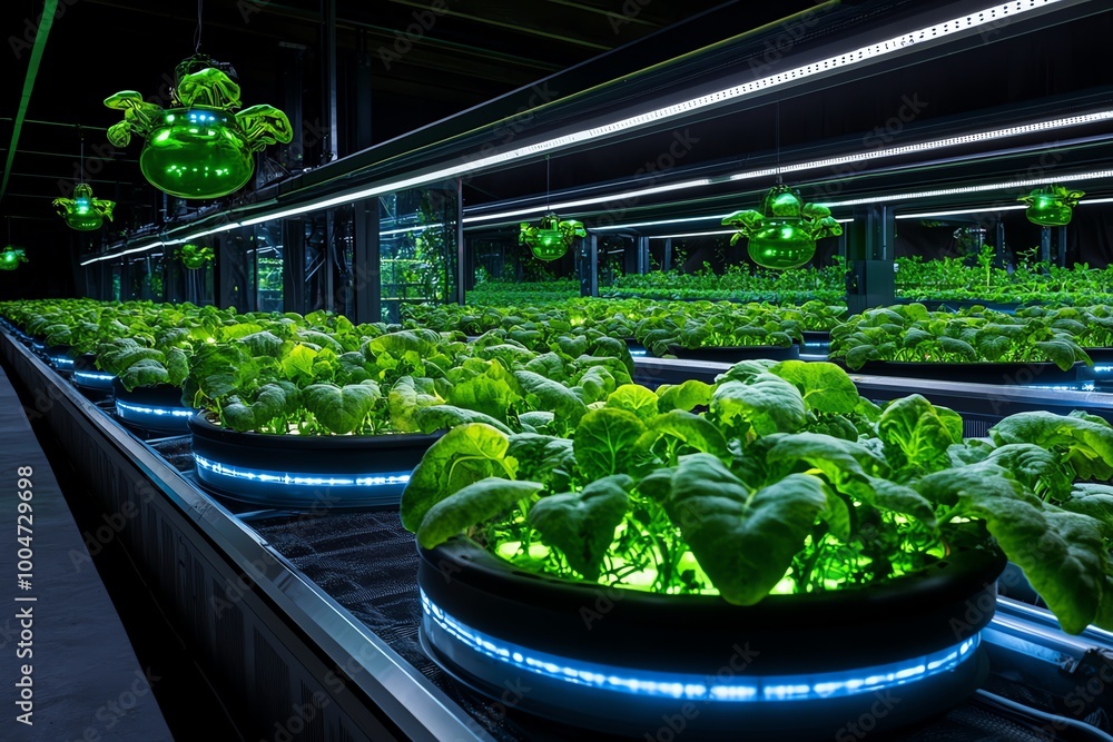 Poster a futuristic magical farm using enchanted technology, where glowing crops are managed by floating ai