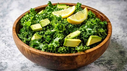 A raw kale and avocado salad with lemon dressing in a wooden bowl, placed on a clean slate grey backdrop