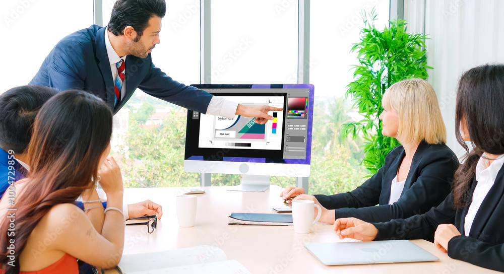 Poster graphic designer software for modern design of web page and commercial ads showing on the computer s