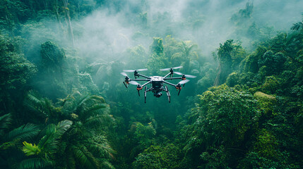 Fototapeta premium A drone mapping a remote jungle with 3D imaging. 