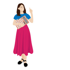 Full length girl with big calculator in one hand, index finger of other hand raised up, isolated on white, flat style, avatar